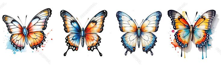 set of beautiful watercolor butterfly clipart on white background