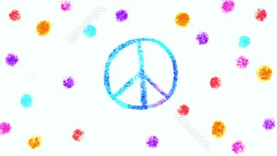 Hand drawn animated symbol of peace on colorful background with polka dot. Crayon animation with Peace icon. Cartoon