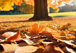 Yellow leaves falling from trees on a sunny autumn sunset or sunrise.