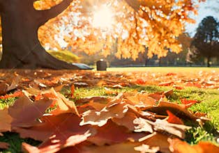 Yellow leaves falling from trees on a sunny autumn sunset or sunrise.