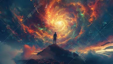 A lone figure stands atop a mountain their arms outstretched and their gaze fixed on the vast expanse of the sky. As