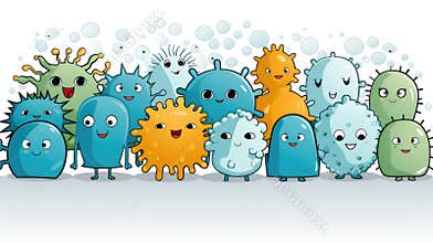 A group of cartoon bacteria with faces standing next to each other