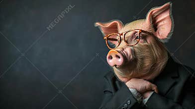 A pig wearing glasses and a suit with his hands folded, AI