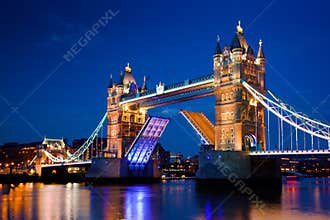 Tower Bridge in London, the UK at night
