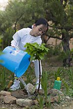 Little girl watering tree