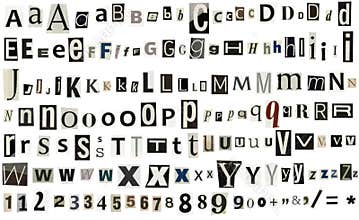 Newspaper, magazine alphabet with numbers and symbols