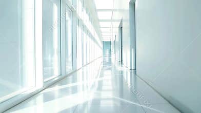 Generative AI Empty corridor hallway of modern white office building room with glass entrance door business blur b