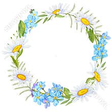 A wreath of watercolor flowers of chamomile and forget-me-nots