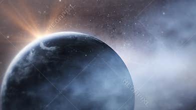 Dark blue alien planet in the cloud galaxy