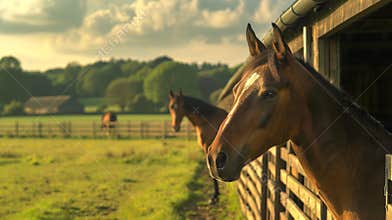 Horses on a Sunny Farm in the Countryside. Concept of rural life, animals, outdoor nature, farmland. Copy space