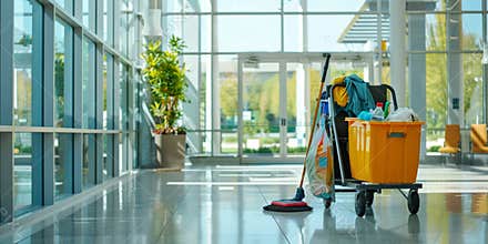 A cleaning cart loaded with a mop and broom stands in the hallway of a office building, copy space