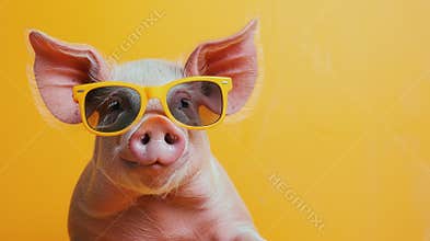 Pink piggy wearing sunglasses, set against a sunny yellow background