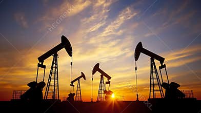 Silhouettes of oil pumps against a stunning sunset sky, showcasing the energy industry and natural resource extraction