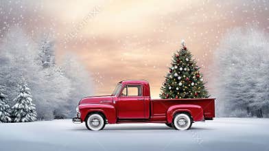A charming vintage red truck carries a lush Christmas tree in its bed, highlighted by intricate watercolor details