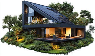 An architectural building with a solar system with a white background in PNG format.