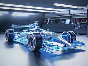 Racing car visualization with augmented reality Transparent racing car in studio drawing in blue colors. The race cars