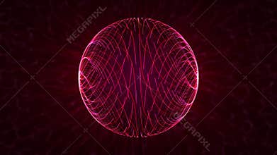 Looped animation of transparent sphere made of pink red energy lines rotating on a dark background with bright shine