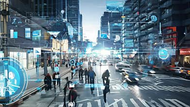 A time-lapse video of a crowded street, with video surveillance, the concept of urban life, business and finance. AI