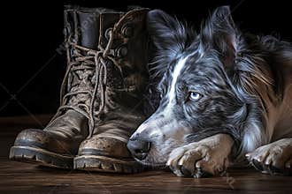 Dog lying on tan veteran military combat work construction boots looking depressed abandoned alone bereaved worried