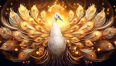 White peacock, feathers and tail made of gold crystals with a fire color transition