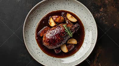 Gourmet Roasted Duck with Potatoes and Rich Gravy on Plate