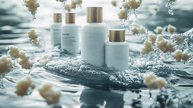 Luxurious skincare products floating on water for spa and beauty concepts