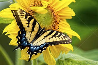 Eastern Swallowtail Butterfly works on a yellow Sunflower Bloom.