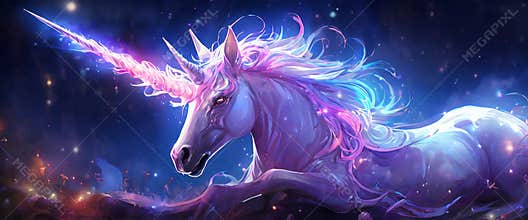 Majestic unicorn resting under the stars in a dreamy, mystical landscape