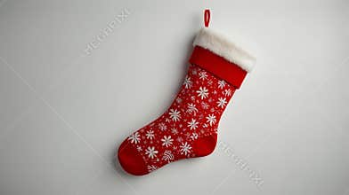 Red christmas stocking hanging on white background