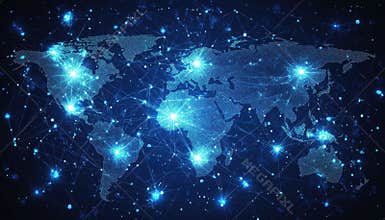 Global digital network connection over a world map at night with glowing nodes