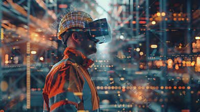 Industrial engineer wearing vr headset and hard hat supervising construction using futuristic technology