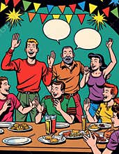 Vintage comic style celebration with friends and speech bubbles
