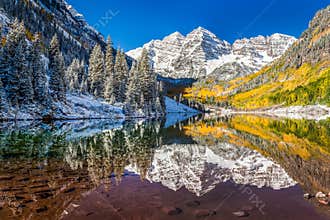 Winter and Fall foliage at Maroon Bells, CO