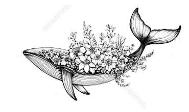 Elegant Whale Tattoo Sketch With Floral Elements