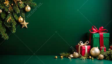Christmas decorations with a green tree decorated with gold and red ornaments and colored gifts on a green background