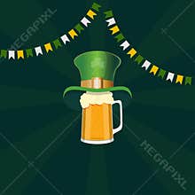 St. Patrick\'s Day flyer, party invitation, corporate event. Leprechaun hat on a mug of beer on a dark green background