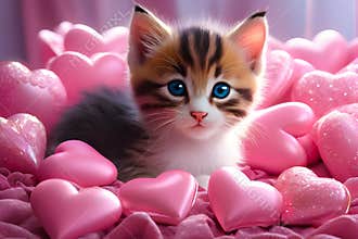 The kitten lies in a pink hearts. A cat sit in purple balloons for Valentine's Day. Romantic concept: love