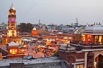 Flood-lit Clock Tower and Girdikot & Sardar Market, Jodhpur, Rajasthan, India