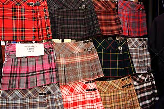 Scottish kilts on display outside the shop