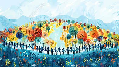 Artistic drawing with children holding hands in front of a planet full of trees and water.