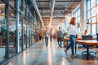 Business workplace with people in walking in blurred motion in modern office space, Generative AI