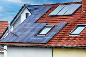 Photovoltaic panels on the roof of family house, solar panels