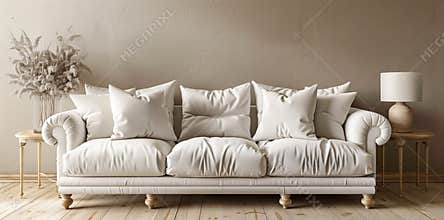 A white studio couch with pillows, lamp, and tree in a living room