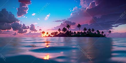 Colorful tropical sunset over exotic island in the sea or ocean