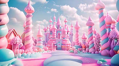 Walk through a sugary dreamland with pastel castle and candy trees under a blue sky