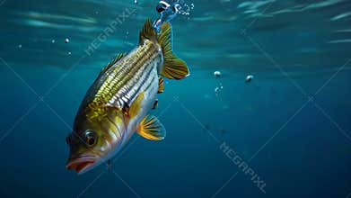 The fish got caught on the hook with its mouth, close up, copy space
