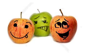 Three apples with cartoon faces isolated