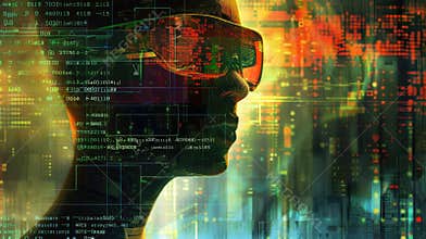 The image shows a man wearing a virtual reality headset and a futuristic city in the background