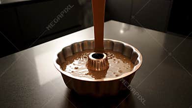 Chocolate Pouring Into Bundt Pans - Delicious Dessert Food Preparation 4K
