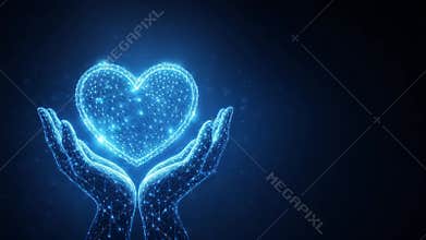 A Stunning Visualization of Love: Embracing a Heart Made of Light in Digital Hands